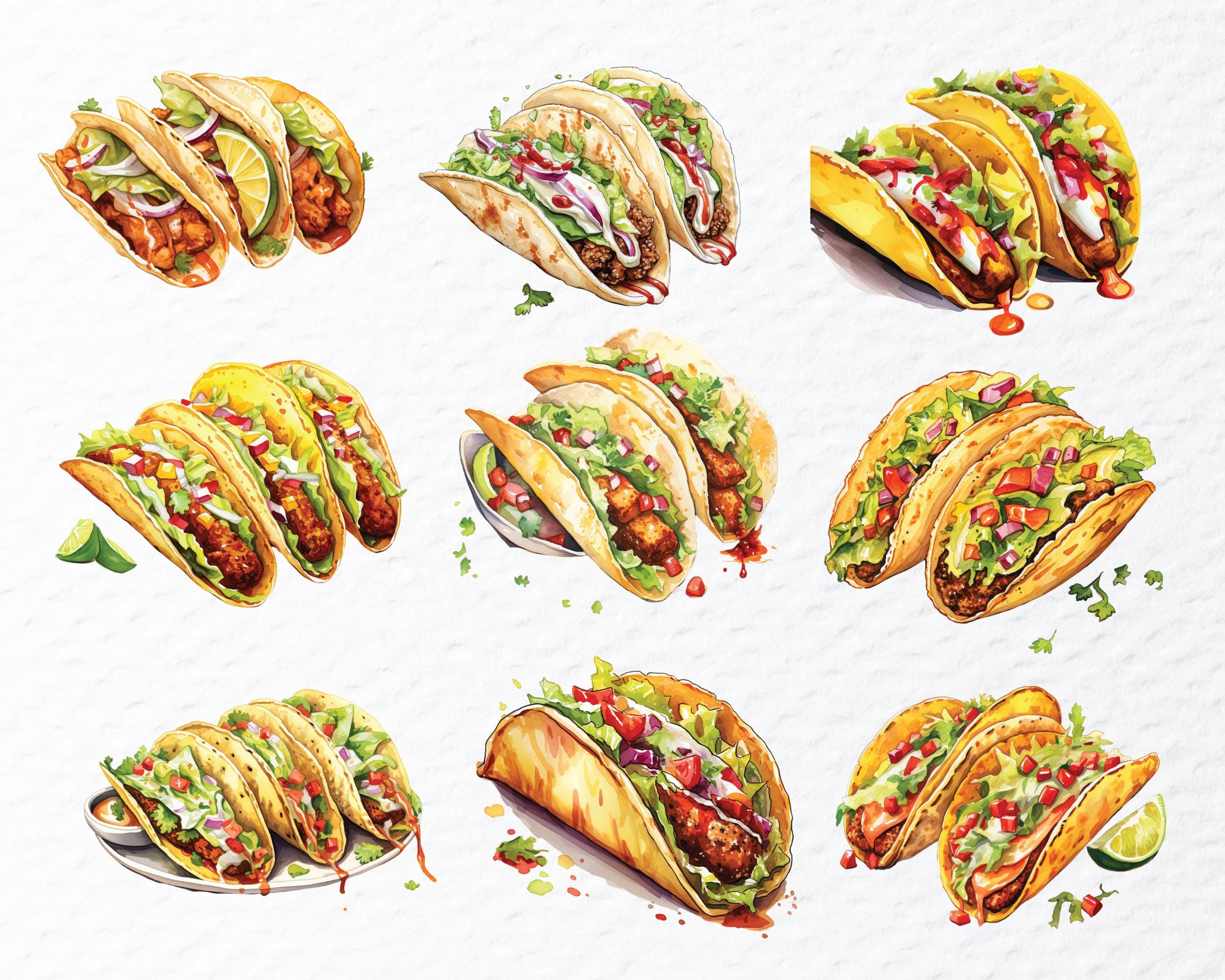 Watercolor Tacos Clipart PNG Bundle: Mexican Food Graphics (digital ...