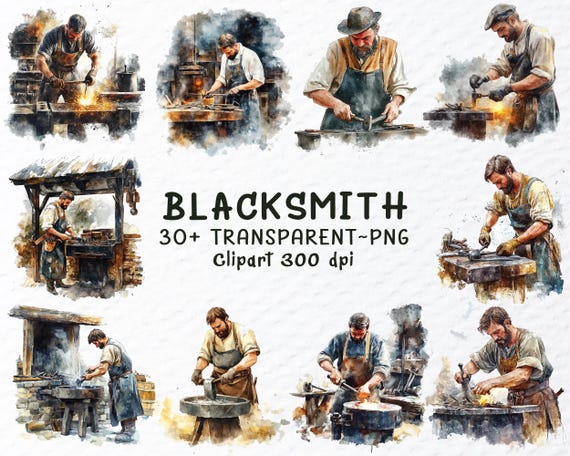 Watercolor Blacksmith Clipart Bundle: Medieval Metal Worker PNG Files (Digital Download)