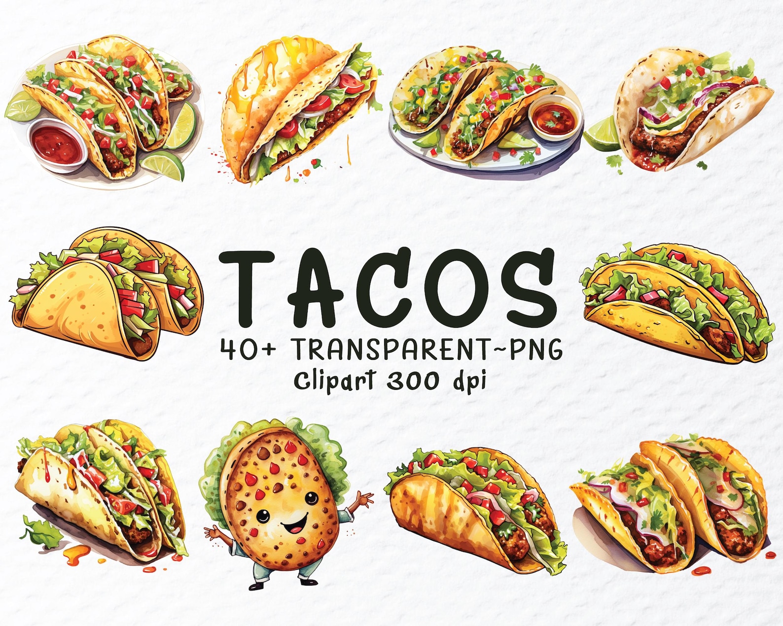 Watercolor Tacos Clipart PNG Bundle: Mexican Food Graphics (digital ...