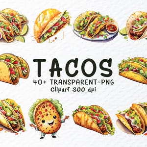 Watercolor Tacos Clipart PNG Bundle: Mexican Food Graphics (Digital Download, 1024x1024px)