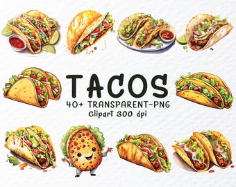 Watercolor Tacos Clipart PNG Bundle: Mexican Food Graphics (Digital Download, 1024x1024px)