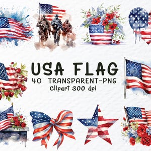 Pacchetto di clipart con bandiera USA in formato PNG, file PNG con bandiera USA in acquerello, file PNG con bandiera patriottica, clipart con bandiera americana, bandierine con bandiera in formato PNG, adesivi con bandiera USA in formato PNG