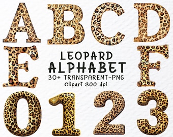 Paquete de imágenes prediseñadas PNG del alfabeto de leopardo en acuarela (descarga digital)