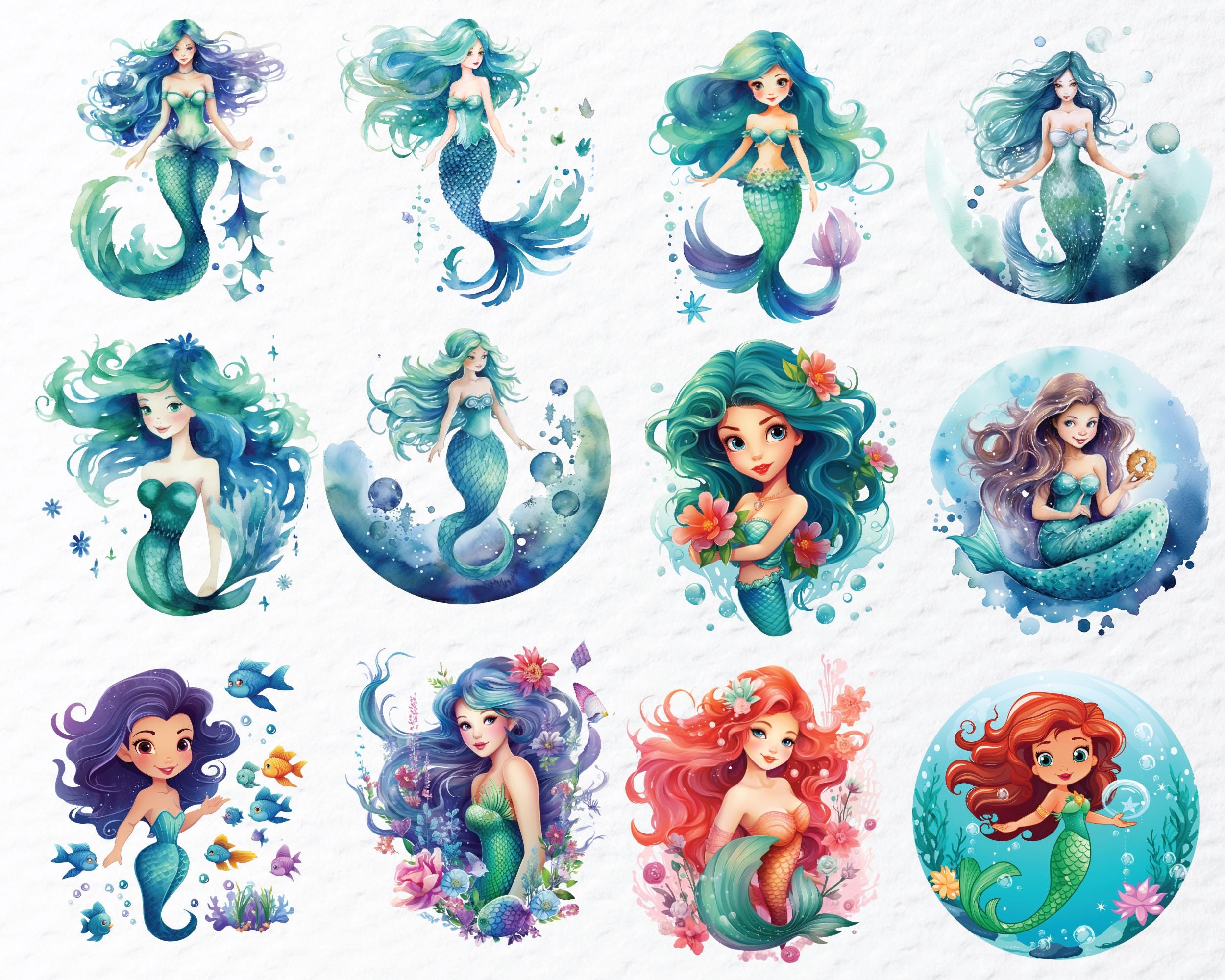 Watercolor Mermaid Clipart Bundle | Sea Life PNG (digital Download) - Etsy