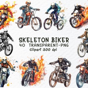 Skelett Biker Png-Set, Aquarell Skeleton Biker Clipart, Skeleton Reiten Motorrad Png, Transparenter Hintergrund, Skeleton Rider Clipart
