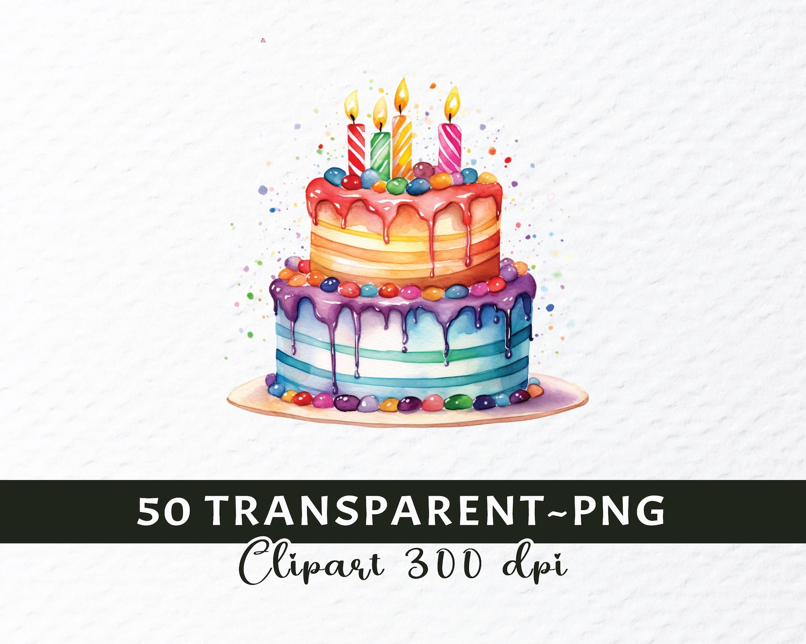 Watercolor Birthday Cake Clipart PNG Bundle: Transparent Decals ...