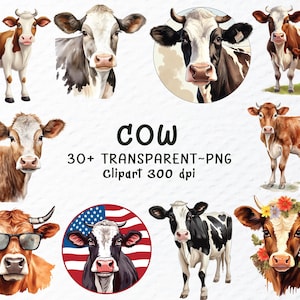 Watercolor Cow Png Clipart Bundle | Cow Png Files | Farm Animals Clipart | Nursery Art, Cute Cow Clipart Png, Cow Decal, Transparent Clipart