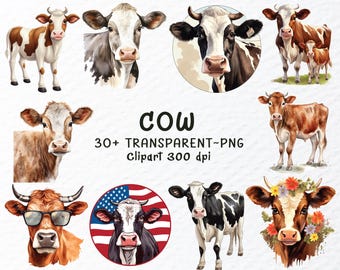 Watercolor Cow Clipart Bundle: Farm Animal PNG Files (Digital Download)