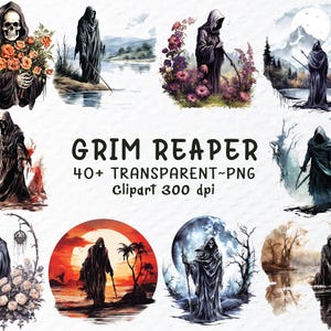 May include: A collection of Grim Reaper illustrations. The images depict the Grim Reaper in a black hooded cloak, often with a scythe or staff. The text "GRIM REAPER" and "40+ TRANSPARENT~PNG" is also visible.