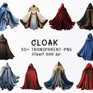 May include: Digital illustrations of cloaks in various colors, including blue, red, and brown. The cloaks have hoods and flowing designs. Text on the image reads "CLOAK 30+ TRANSPARENT~PNG clipart 300 dpi."
