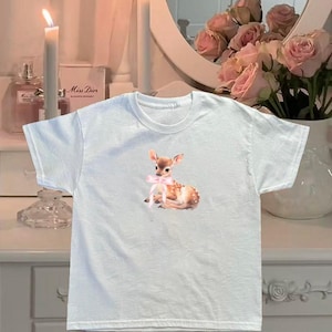 Fawn Baby Tee, Coquette Deer Pink Ribbon T-shirt, Cropped Coquette Tee, 00s Aesthetic Trendy T-shirt