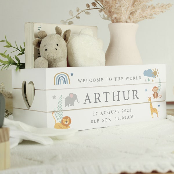 Safari Animals themed White Wooden Crate - Personalised Wooden Crate - New Baby Gift - Gifts for Boys