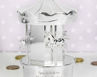 Silver Carousel Money Box - Personalised Money Box - Christening Gift - New Born Baby Gift