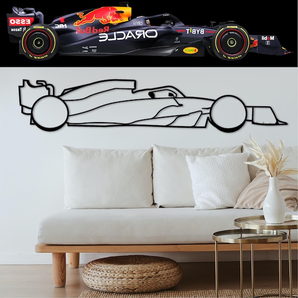 Formule 1 Red Bull racing car RB19 Line art wall decoration. Max Verstappen race auto muurkunst. minimalistisch, uniek, abstract.