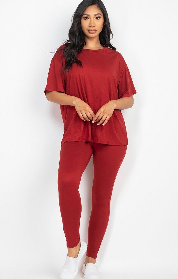 Women Full Length Solid T-Shirt Set With Leggings Red Small Red