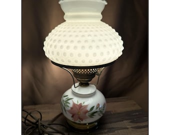 Vintage Milk Glass Hurricane Lamp Floral Base Hobnail Shade 16"