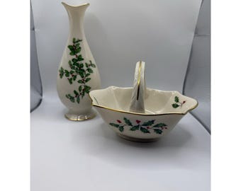 Lenox Holiday Holly Korb & Bud Vasen-Set Gold Trim Made USA 2-teilig Weihnachten