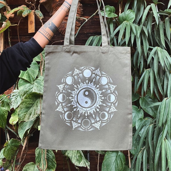 Yin Yang Tote Bag, heavy tote bag, organic tote bag, hand drawn, hand printed, handmade, spiritual art, Einkaufstasche, bio Baumwolle