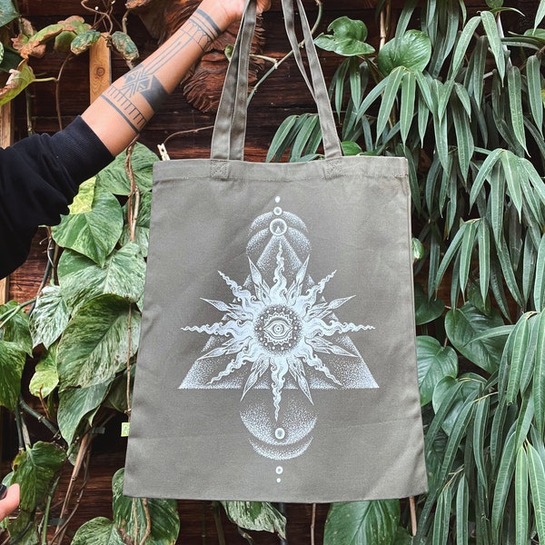The Sun Tote Bag, heavy tote bag, organic tote bag, hand drawn, hand printed, handmade, spiritual art, Einkaufstasche, bio Baumwolle