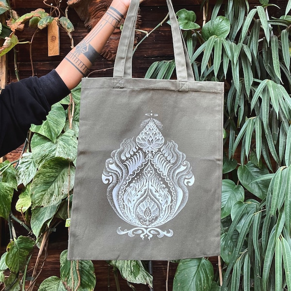 Lotus Tote Bag, heavy tote bag, organic tote bag, hand drawn, hand printed, handmade, spiritual art, Einkaufstasche, bio Baumwolle