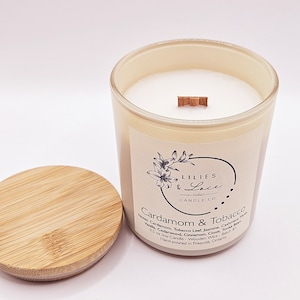 Bougie parfumée à la cardamome et au tabac : bougie de soja avec mèche de bois