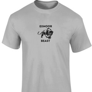 May include: A gray t-shirt with a black panther graphic and the text "Exmoor Beast" printed on the front.
