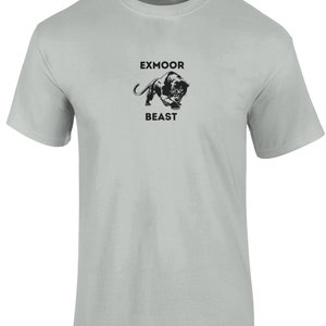 May include: A light gray t-shirt with a black panther graphic and the text "Exmoor Beast" printed on the front.