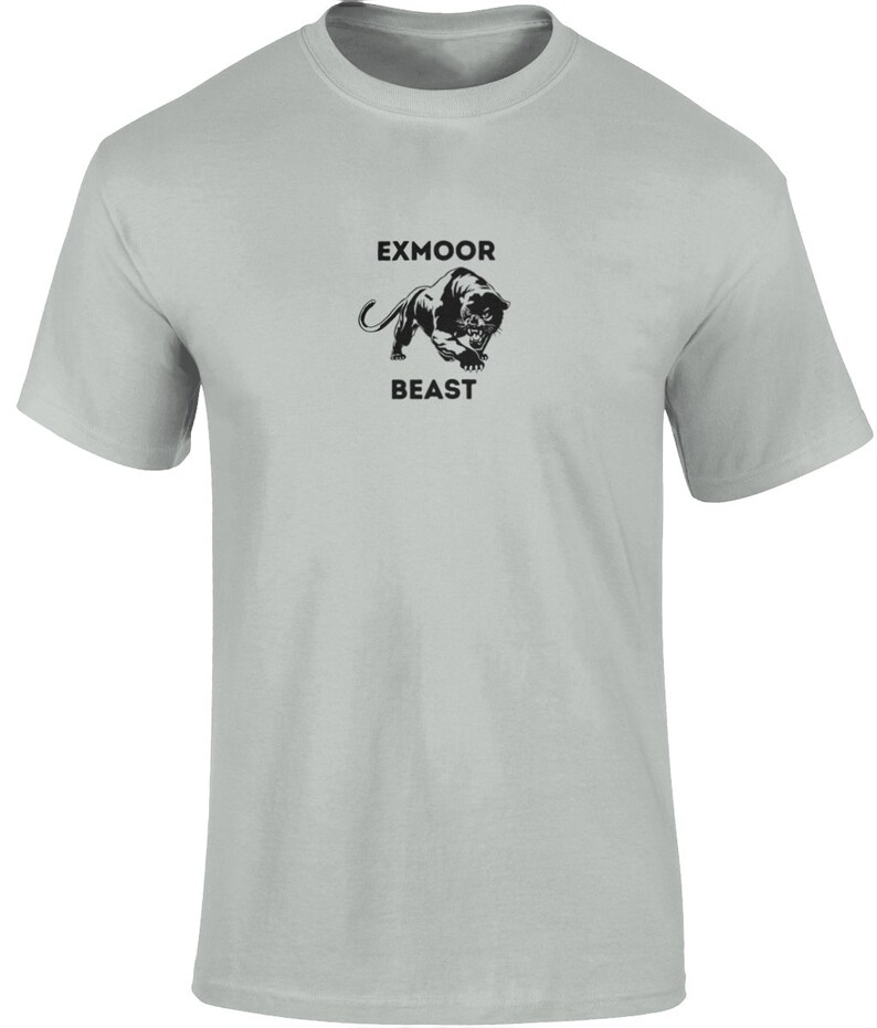 May include: A light gray t-shirt with a black panther graphic and the text "Exmoor Beast" printed on the front.