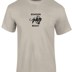 May include: A beige t-shirt with a black panther graphic and the text "Exmoor Beast" printed on the front.