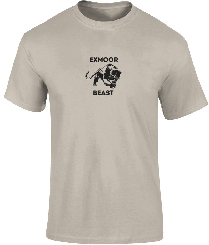 May include: A beige t-shirt with a black panther graphic and the text "Exmoor Beast" printed on the front.
