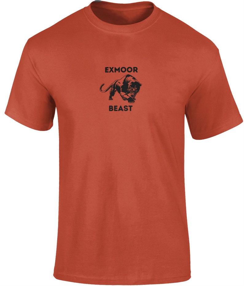 May include: A rust-colored t-shirt with a black panther graphic and the text "Exmoor Beast" printed on the front.