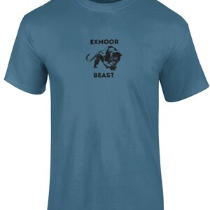 May include: A blue t-shirt with a black panther graphic and the text "Exmoor Beast" printed on the front.
