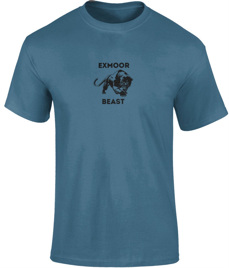 May include: A blue t-shirt with a black panther graphic and the text "Exmoor Beast" printed on the front.