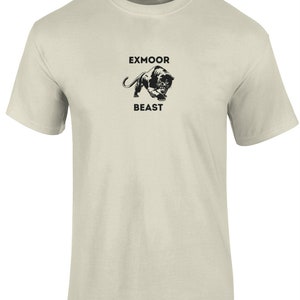 May include: A beige t-shirt with a black panther graphic and the text "Exmoor Beast" printed on the front.