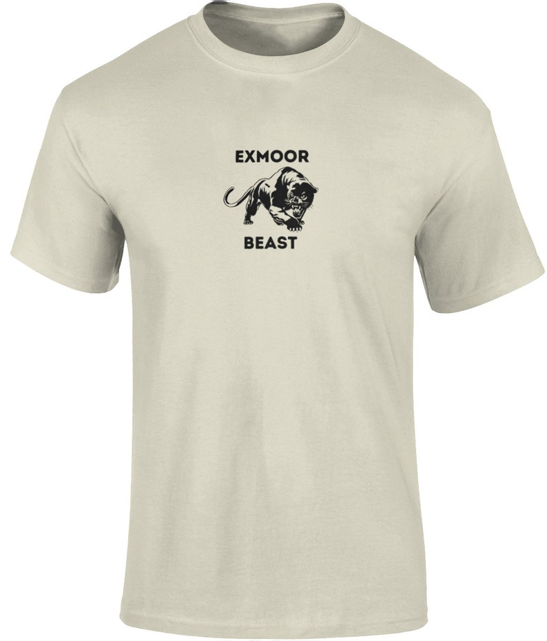 May include: A beige t-shirt with a black panther graphic and the text "Exmoor Beast" printed on the front.