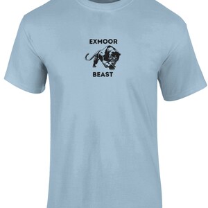 May include: Light blue t-shirt with a black panther graphic and the text "Exmoor Beast".