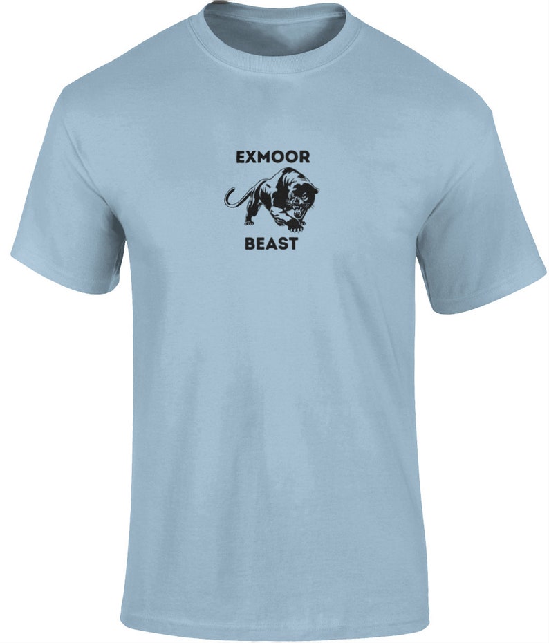 May include: Light blue t-shirt with a black panther graphic and the text "Exmoor Beast".