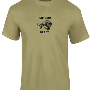 May include: A khaki green t-shirt with a black panther graphic and the text "Exmoor Beast" printed on the front.