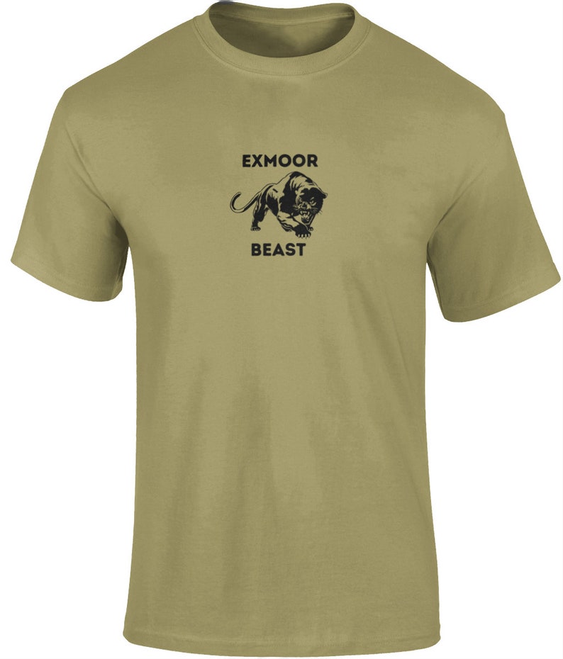 May include: A khaki green t-shirt with a black panther graphic and the text "Exmoor Beast" printed on the front.
