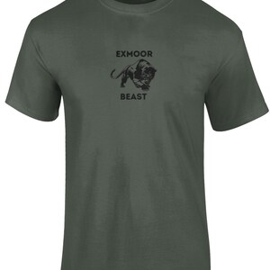 May include: A dark green t-shirt with a black panther graphic and the text "Exmoor Beast" printed on the front.