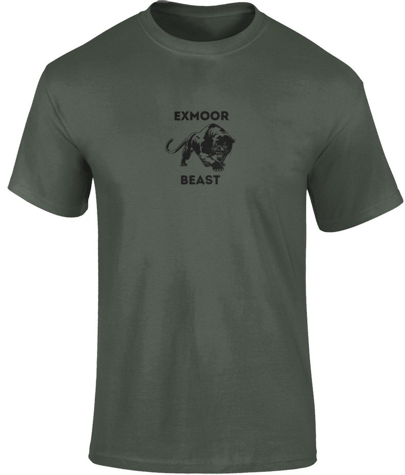 May include: A dark green t-shirt with a black panther graphic and the text "Exmoor Beast" printed on the front.