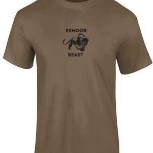 May include: A brown t-shirt with a black panther graphic and the text "Exmoor Beast" printed on the front.