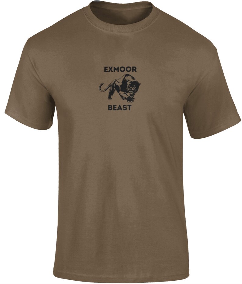 May include: A brown t-shirt with a black panther graphic and the text "Exmoor Beast" printed on the front.