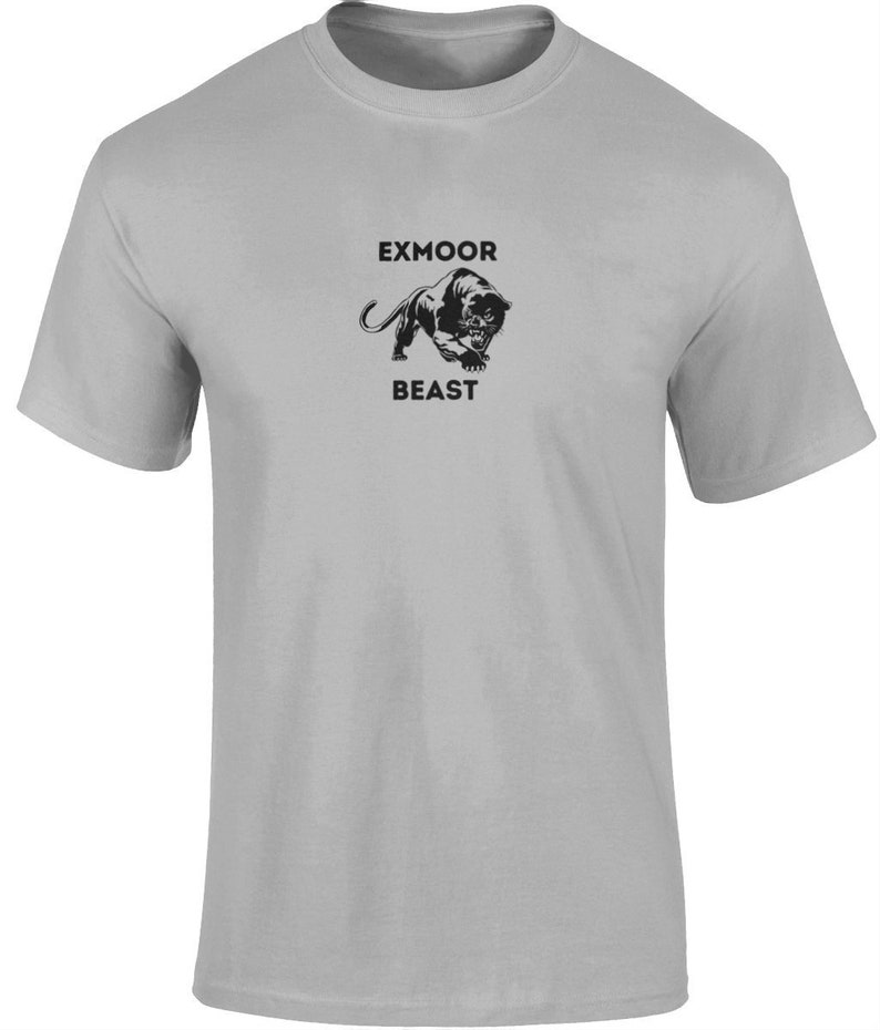 May include: A gray t-shirt with a black panther graphic and the text "Exmoor Beast" printed on the front.