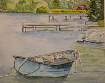 Blue Boat is an original watercolor painting