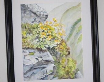 An Original Large Watercolor Painting:  Flowers on the Rocks