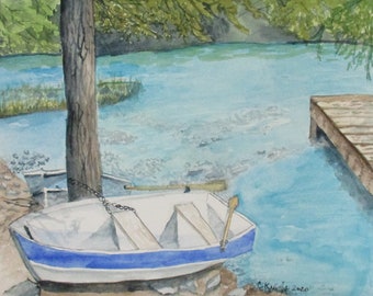 Boats on Riverbank an original watercolor painting
