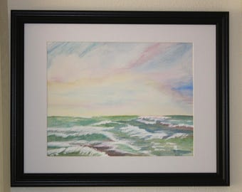 An Original Large Watercolor Painting:  Colorful Ocean and Sky