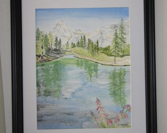 An Original Large Watercolor Painting:  Mountain Lake