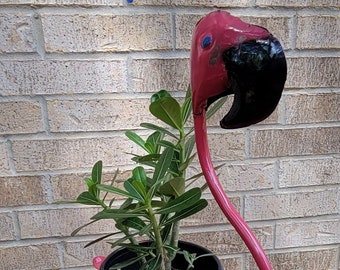 Handcrafted Pink Flamingo Metal Planter: Indoor/Outdoor Plant Stand (45" Tall)